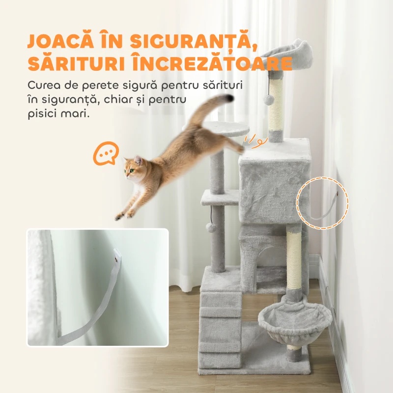 PawHut Copac pentru Zgâriat pentru Pisici, Înălțime 140 cm, cu 2 Căsuțe, Hamac, Pat și Stâlpi Acoperiți cu Sisal, Gri
