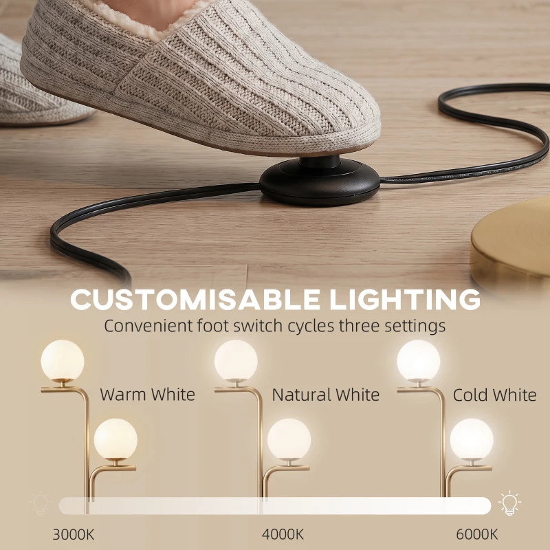 HOMCOM LED Floor Lamp, Modern Standing Lamp with 3 Colour Temperatures, Globe Glass Shades and Foot Switch, Gold Tone