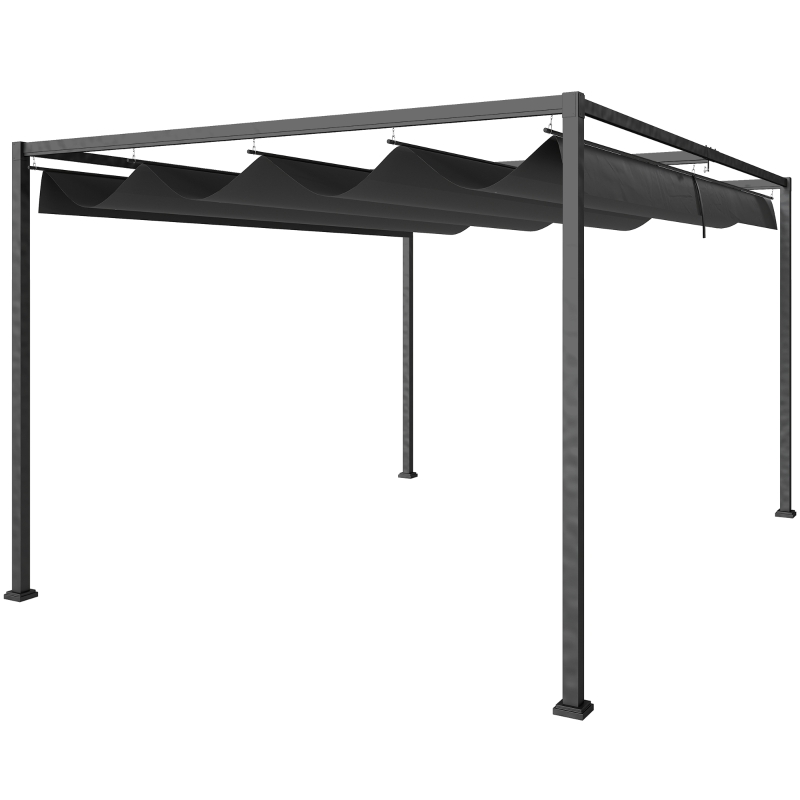 Outsunny Pergolă 3x2 m cu Acoperiș Retractabil, Orificii de Drenaj, Țepușe și Șuruburi, Pergolă de Grădină din Poliester și Metal, pentru Terasă, Curte, Exterior, Negru