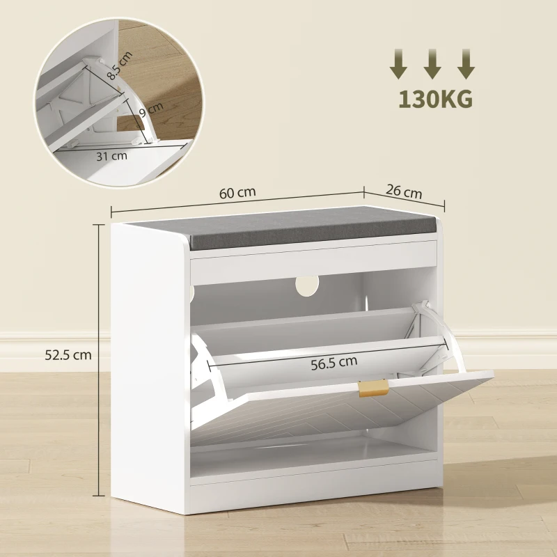 HOMCOM Bancă pentru pantofi, banc de depozitare, șezut captușit, sertar basculant, front cu model 60 x 26 x 52,5 cm, alb