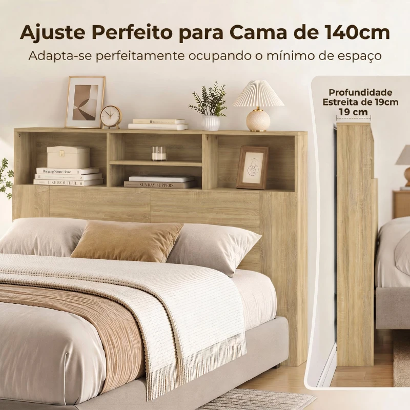 HOMCOM Cabeceira de Cama 140 cm com Arrumação e 4 Compartimentos Abertos, Carvalho