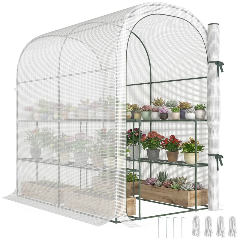 Outsunny Serre de jardin avec étagères, 123x187x189cm, petite serre avec porte enroulable, bâche PE haute densité 140 g/m², blanc