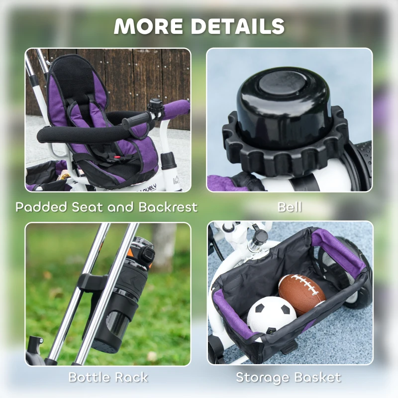 HOMCOM Triciclo Evolutivo para Niños +12 Meses con Toldo Plegable Mango de Empuje Telescópico y Cinturón de Seguridad Violeta