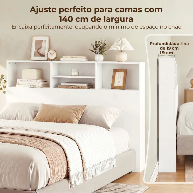 HOMCOM Cabeceira de Cama 140 cm com Arrumação e 4 Compartimentos Abertos para Quarto Branca
