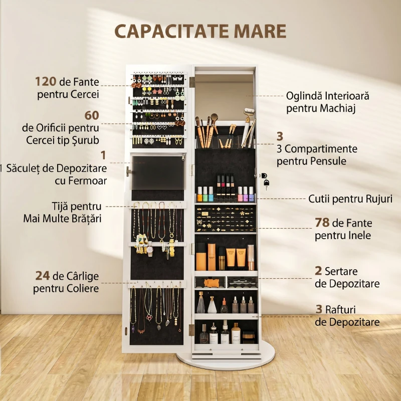 HOMCOM Dulap pentru Bijuterii 3 în 1 Rotativ la 360°, Rafturi din Spate și Ușă cu Cheie, 55x55x161 cm, Alb
