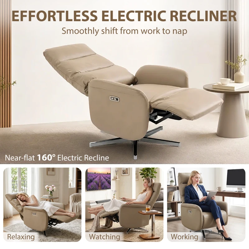 HOMCOM Poltrona Relax Elettrica Reclinabile a 160° Girevole con Poggiapiedi in Pelle PU, Presa USB, Marrone