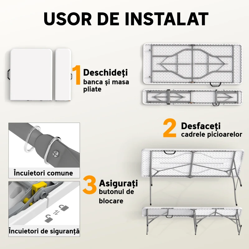 Set Outsunny de picnic pliabil cu 3 piese cu masă și 2 bănci din HDPE și metal, alb și gri deschis