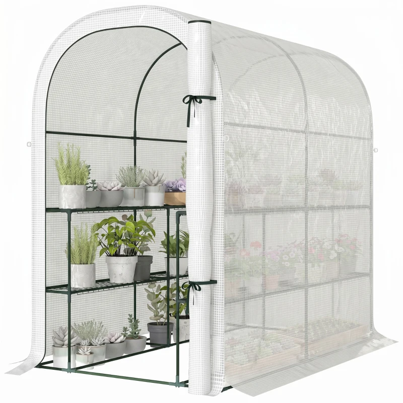 Outsunny Serre de jardin avec étagères, 123x187x189cm, petite serre avec porte enroulable, bâche PE haute densité 140 g/m², blanc