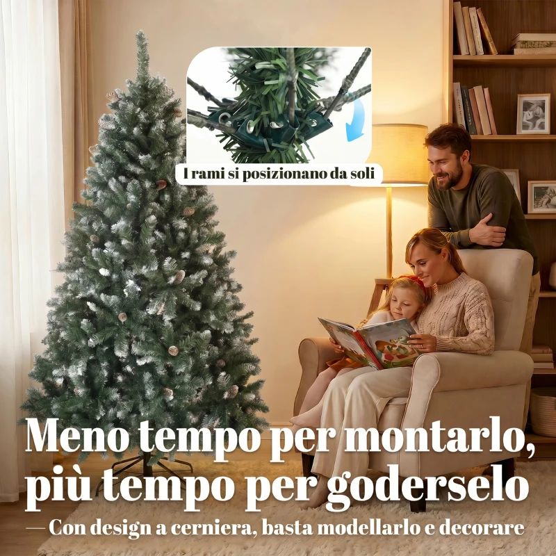 HOMCOM Albero di Natale Innevato Alto 180 cm con 910 Rami e Pigne, Base in Metallo Pieghevole, Verde