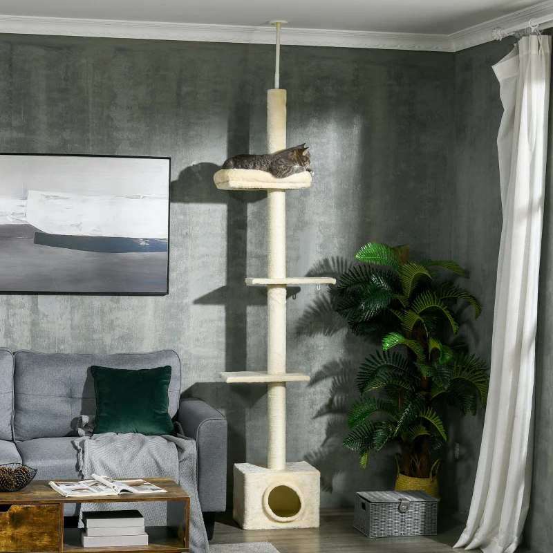 PawHut Arbre à chats poteau à griffer hauteur réglable dim. 440L x 31P x 240 - 270H cm 4 niveaux d'activités avec niche