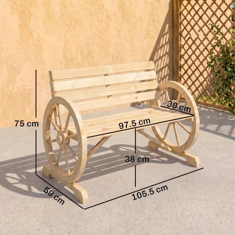 Outsunny Bancă de Grădină cu 2 Locuri, din Lamele cu Mânere în Formă de Roată de Căruță, din Lemn, 105,5x56x79 cm, Culoare Lemn