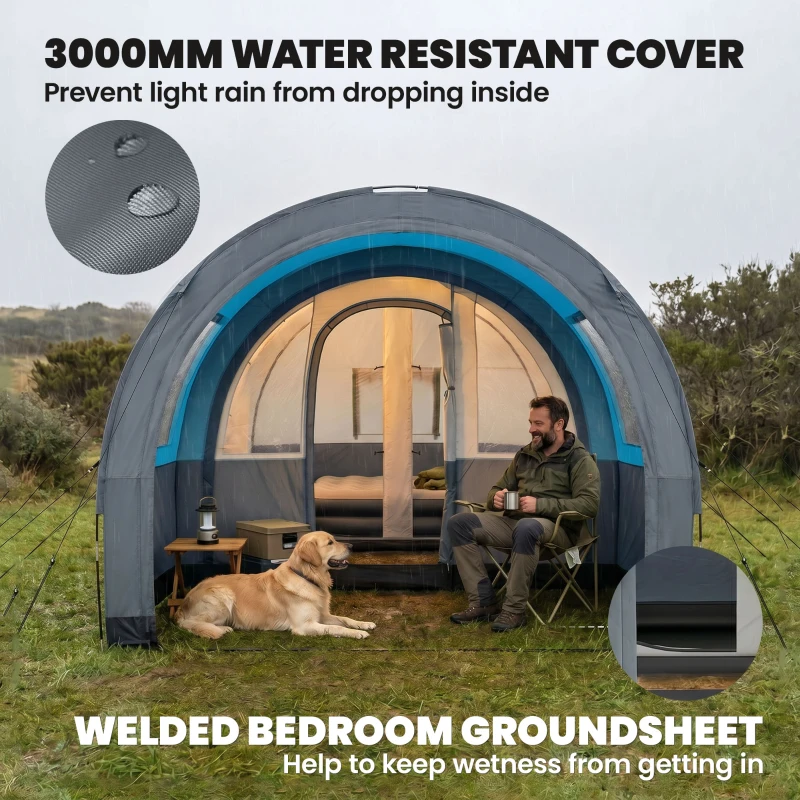 Outsunny Three Man Duo Room Tunnel Tent, with Accessories - Grey/Blue