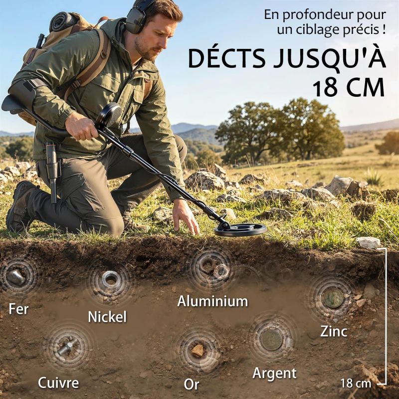 Outsunny Détecteur de métaux pour adultes, bobine de recherche étanche IP68 avec écran LCD, détecteur d'or à 3 modes avec pelle