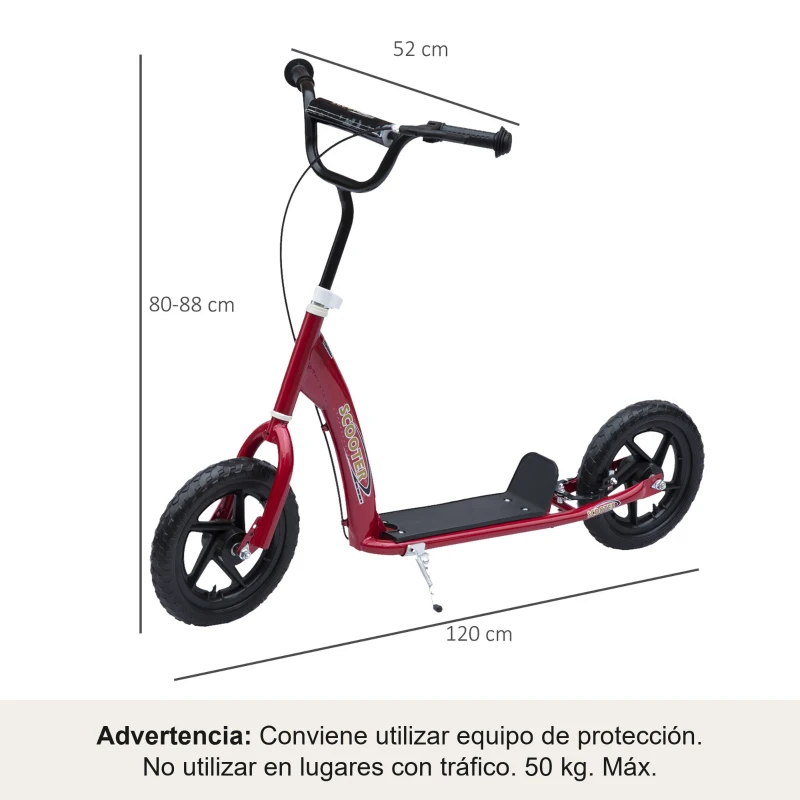 HOMCOM Patinete para Niños de 5-12 Años Scooter de 2 Ruedas Grandes de 12 Pulgadas con Freno y Manillar Ajustable en Altura Carga Máx. 50 kg 120x52x80-88 cm Rojo