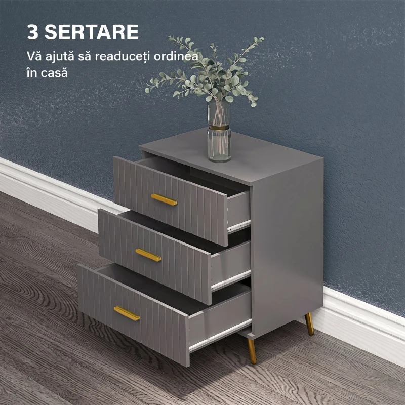 HOMCOM Comodă modernă cu 3 sertare din lemn și aluminiu, 60x40x71,5 cm, auriu și gri închis