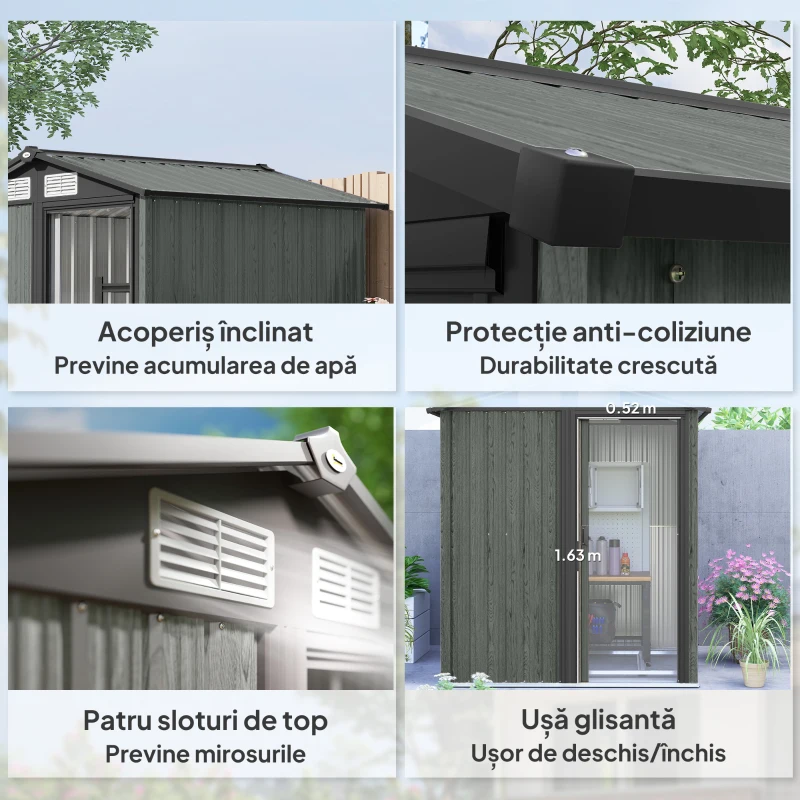 Outsunny Magazie de Grădină pentru Unelte din Oțel cu Acoperiș Înclinat și 4 Guri de Aerisire, 152x132x188 cm, Gri