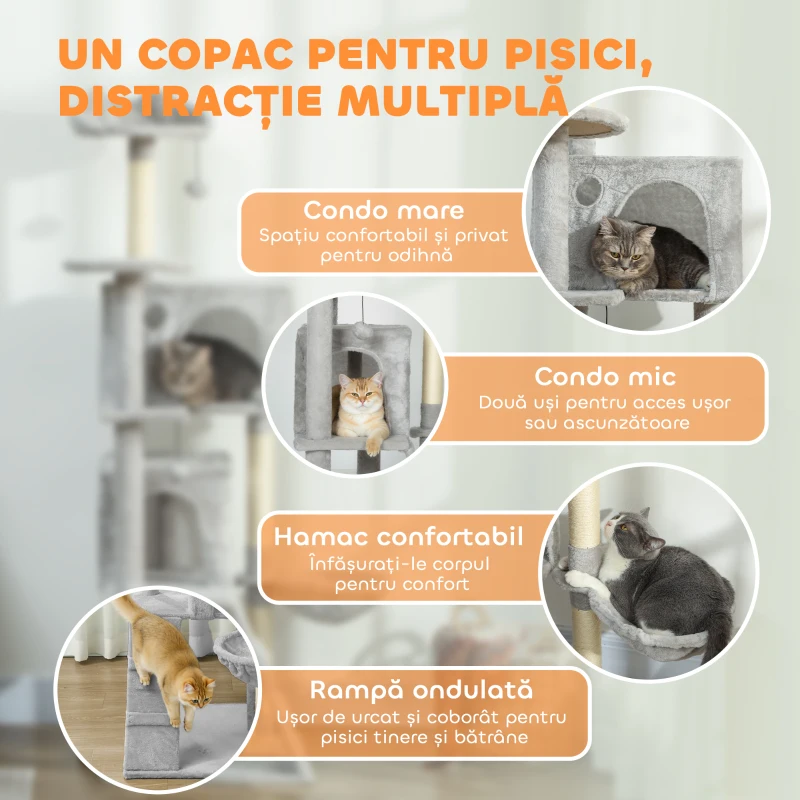 PawHut Arbore de Joacă pentru Pisici cu 2 Căsuțe, Hamac, Pat și Stâlpi Acoperiți cu Sisal, 48x48x160 cm, Gri