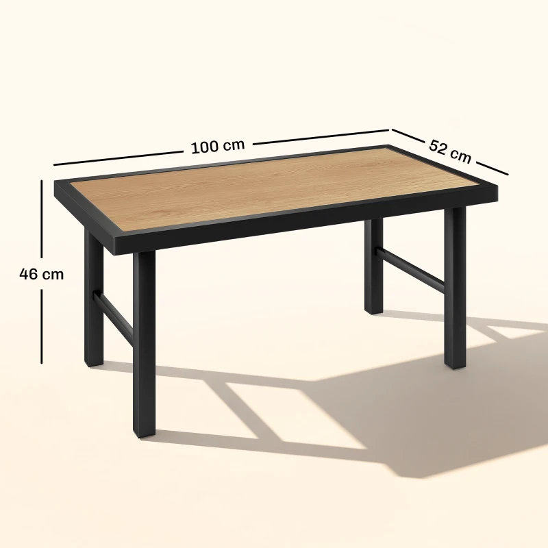 Outsunny Metal Garden Coffee Table, Outdoor Side Table with SPC Woodgrain Tabletop for Outside, Garden, Balcony, Porch, 100 x 53 x 46cm, Brown