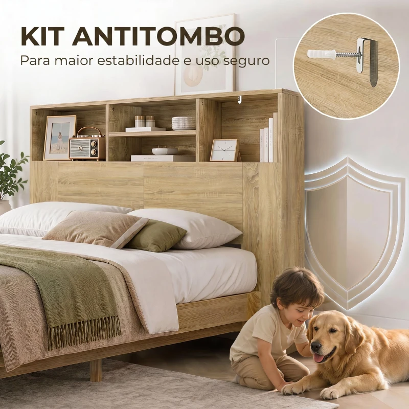 HOMCOM Cabeceira de Cama 140 cm com Arrumação e 4 Compartimentos Abertos, Carvalho