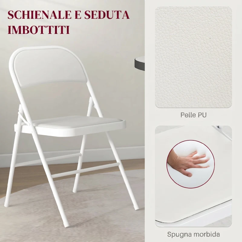 HOMCOM Set 4 Sedie Pieghevoli Imbottite in Finta Pelle PU e Metallo, 45x46x78 cm, Bianco