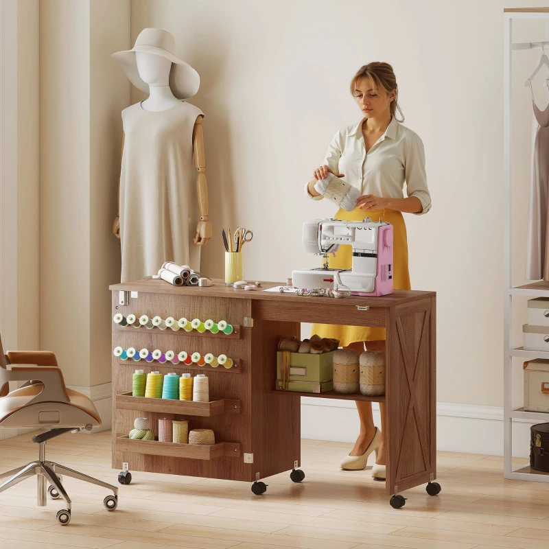 HOMCOM Folding Sewing Table, Rolling Craft Table with Storage compartments, Shelf and Lockable Casters for Small Spaces, Brown