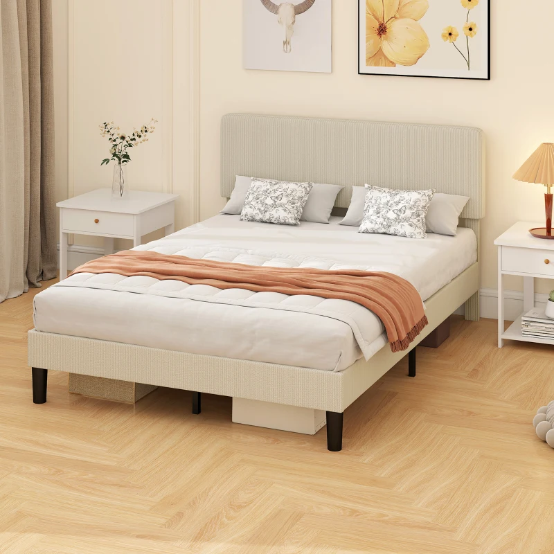 HOMCOM Cadru de Pat 140x200 cm cu Tăblie Tapițată Reglabilă pe Înălțime și Șipci, Catifea Canelată, Gri