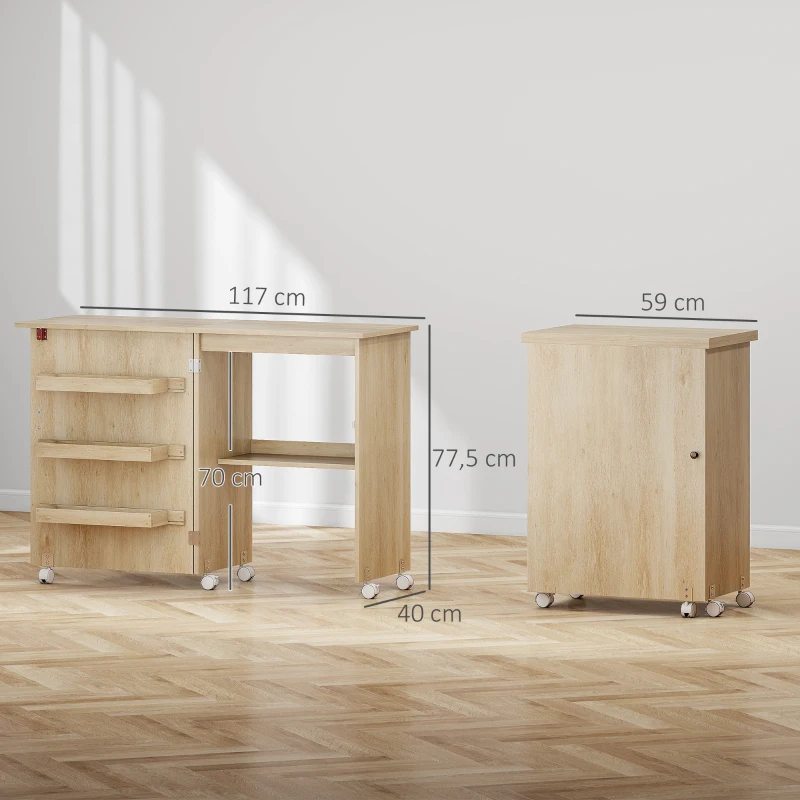 HOMCOM Mesa de costura dobrável móvel de costura com tampo rebatível, compartimentos de arrumação, prateleira aberta e rodízios, madeira natural