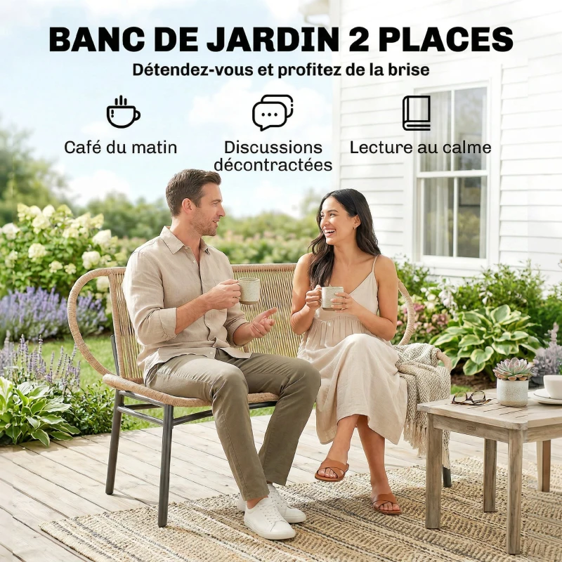 Outsunny Banc de jardin 2 places, banc d'extérieur en résine tressée avec cadre en métal, résistant aux intempéries, naturel