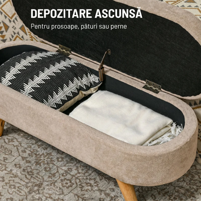 HOMCOM Bancă tapițată pentru capătul patului cu spațiu de depozitare ascuns, din lemn și poliester, 110x40x43 cm, bej