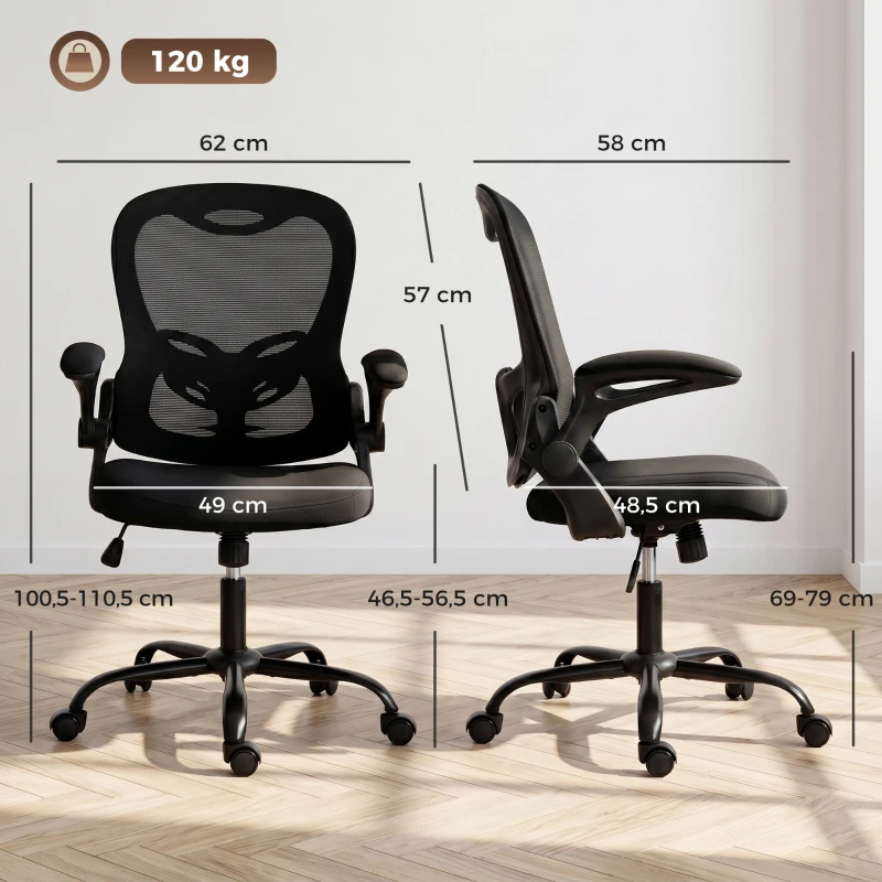 HOMCOM Cadeira de Escritório Ergonômica Cadeira de Escritório em Malha Apoios de Braço Rebatíveis Altura Ajustável Função de Balanço Preta