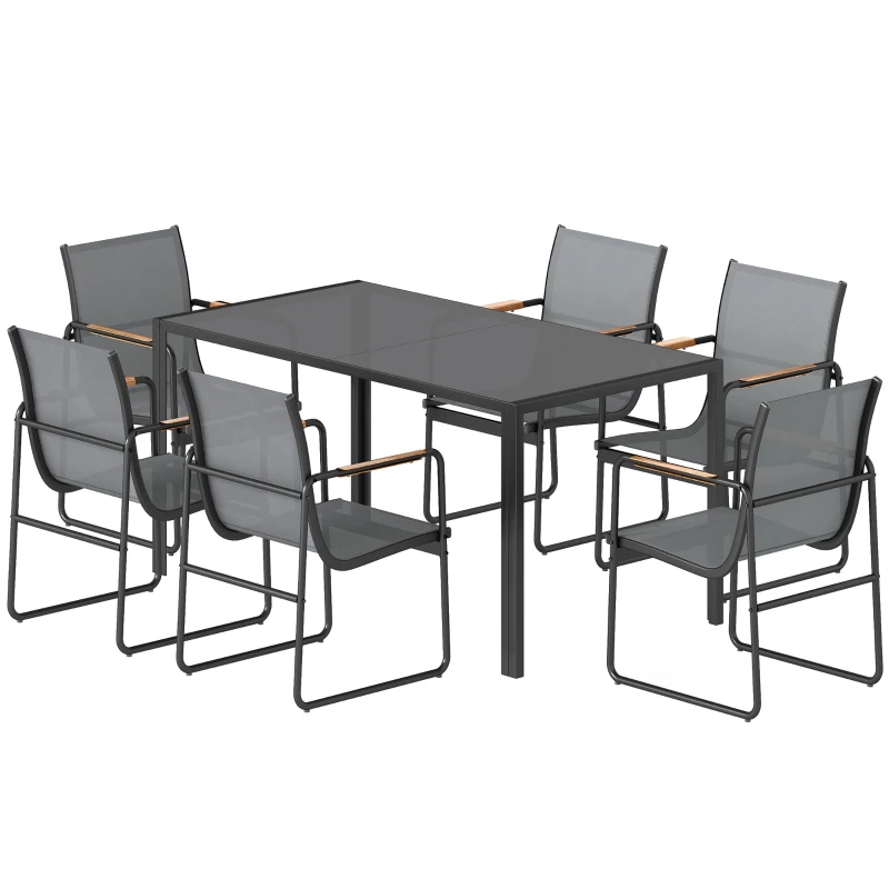 Outsunny Ensemble de Salle à Manger d'Extérieur 7 Pièces pour 6 Personnes, Table en Verre et Chaises en Maille avec Accoudoirs Décoratifs, Gris