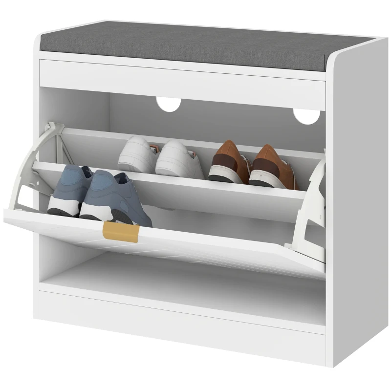 HOMCOM Schuhbank, Aufbewahrungsbank, gepolsterte Sitzfläche, klappbare Schublade, Tür mit Muster 60 x 26 x 52,5 cm, Weiß