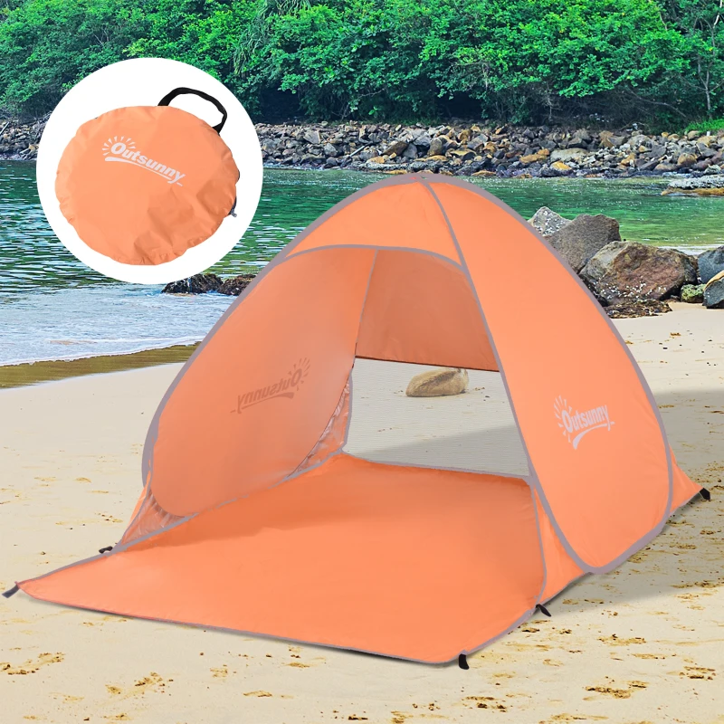 Outsunny Cort de Plajă Pop-Up cu Protecție UV 30+ și Geantă de Transport, 200x150x119 cm, Portocaliu