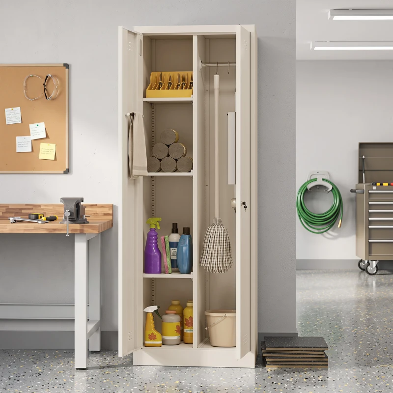 HOMCOM Armario porta herramientas de acero con cerradura, puertas y estantes regulables, capacidad 80 kg, Crema
