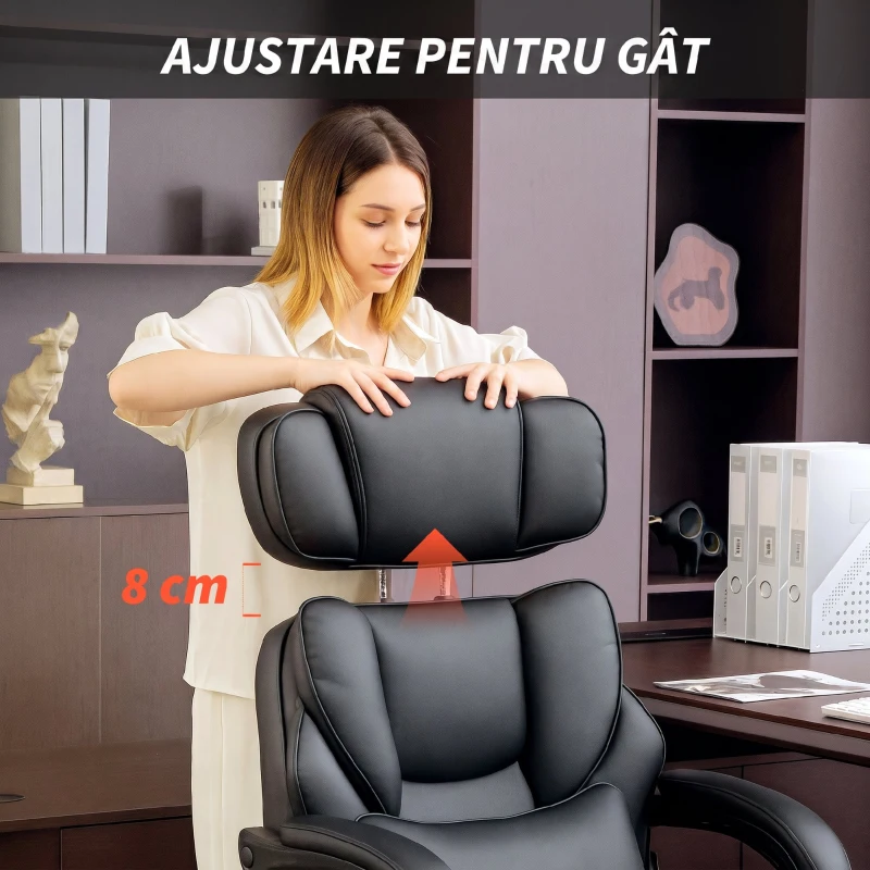 HOMCOM Scaun de Birou din Piele PU cu Suport pentru Picioare, Tetieră Reglabilă și Suport Lombar, Negru
