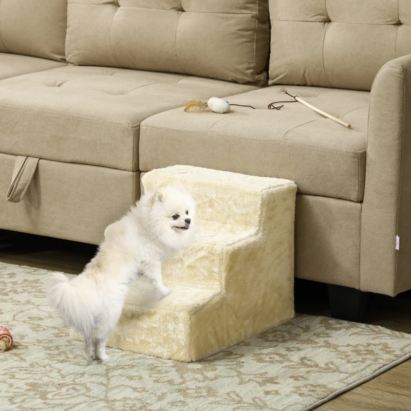 PawHut Escalera para Perros de 3 Peldaños con Funda Extraíble y Lavable Rampa para Perros para Cama Sofá 46x35x35 cm Beige