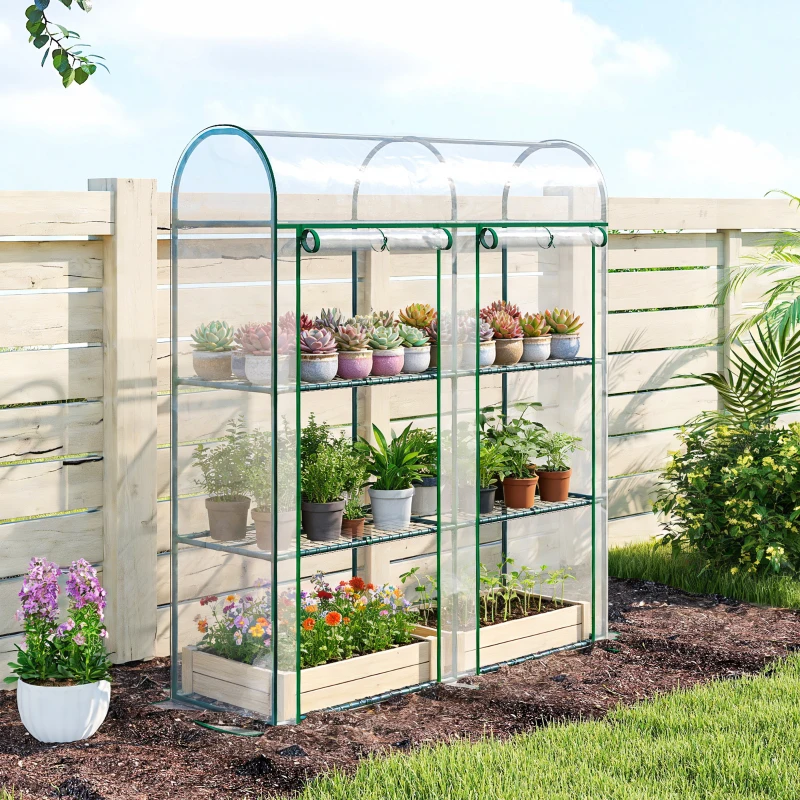 Outsunny Serre de Jardin avec étagères 3 niveaux, Petite Serre en Bâche PVC et Châssis Acier, 2 Portes Roulantes, Transparent