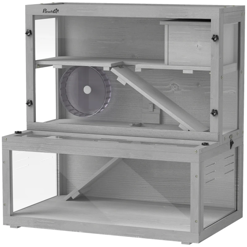 PawHut Cage Hamster en Bois, 3 Niveaux avec Cabane, Roue, Rampes, Panneau Transparent, Espaces Séparés, 80x50x84cm, Gris