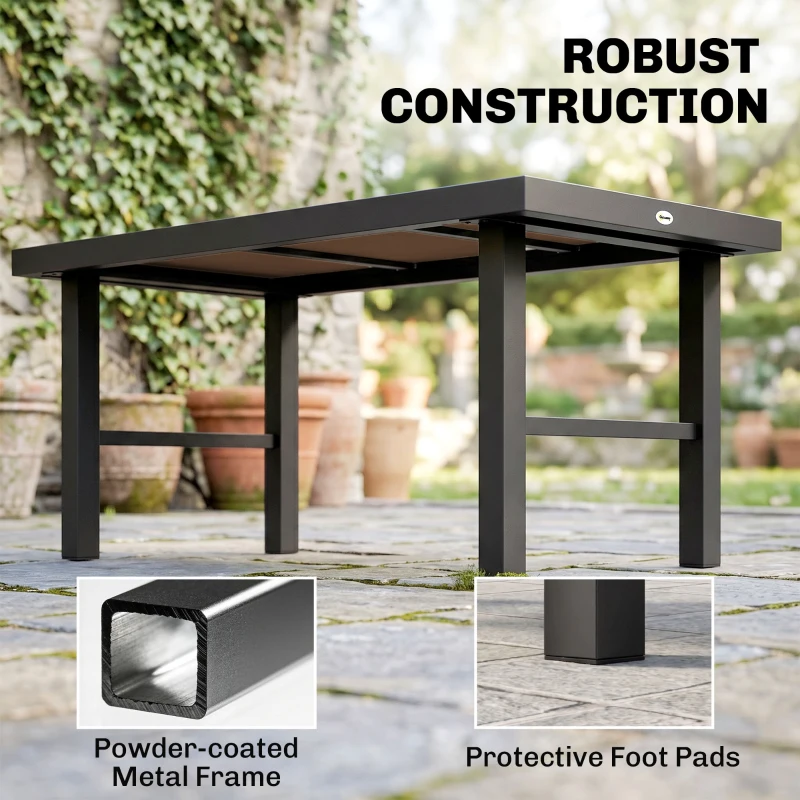 Outsunny Metal Garden Coffee Table, Outdoor Side Table with SPC Woodgrain Tabletop for Outside, Garden, Balcony, Porch, 100 x 53 x 46cm, Brown
