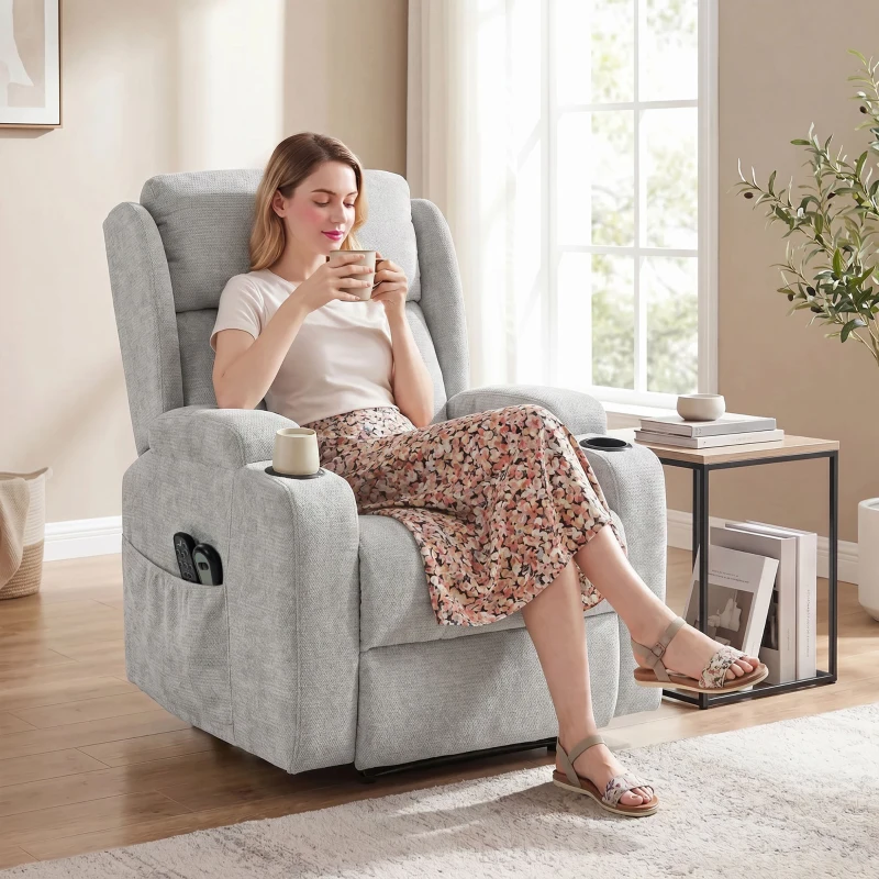 HOMCOM Fotoliu Ridicător Electric cu Masaj și Încălzire, Fotoliu Relax Electric din Chenille, Tetieră Rabatabilă, Gri Deschis