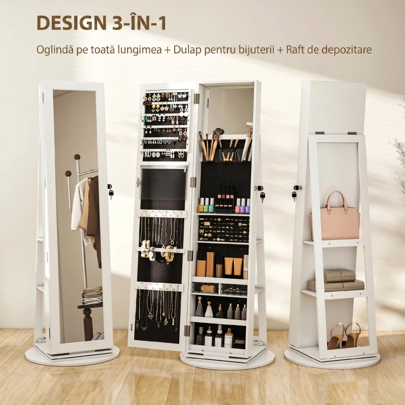 HOMCOM Dulap pentru Bijuterii 3 în 1 Rotativ la 360°, Rafturi din Spate și Ușă cu Cheie, 55x55x161 cm, Alb