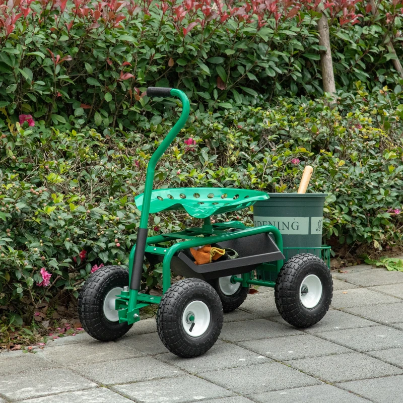 Outsunny Asiento de Jardín con Ruedas Asiento Giratorio y Ajustable en Altura Bandeja de Herramientas Cesta para Exterior Verde
