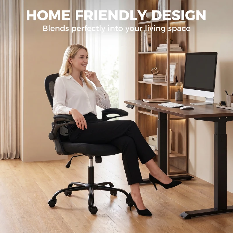 HOMCOM Chaise Bureau Ergonomique, Fauteuil de Bureau Maille, Accoudoirs Relevables, Hauteur Réglable, Fonction Bascule, Noir