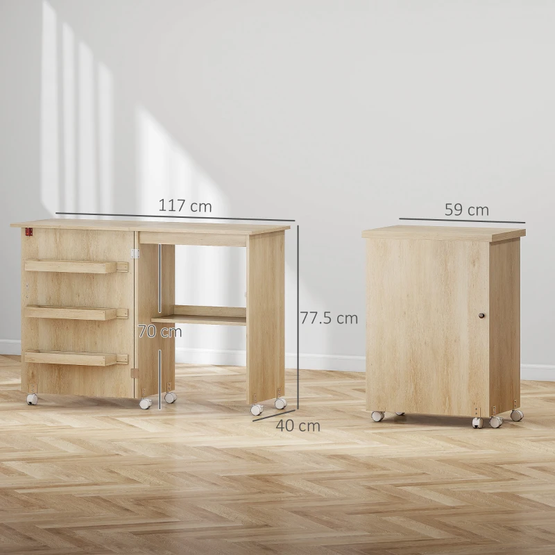 HOMCOM Masă de cusut pliabilă mobilier de cusut cu blat rabatabil, tăvi de depozitare, etajeră deschisă și roți, lemn natural