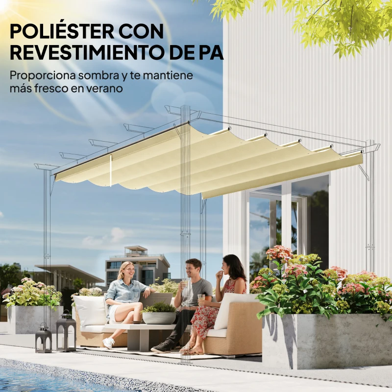 Outsunny Cubierta para Techo Retráctil de 2,5x2,55m para Pérgola 3x3 Tela de Repuesto con 10 Orificios de Drenaje Crema