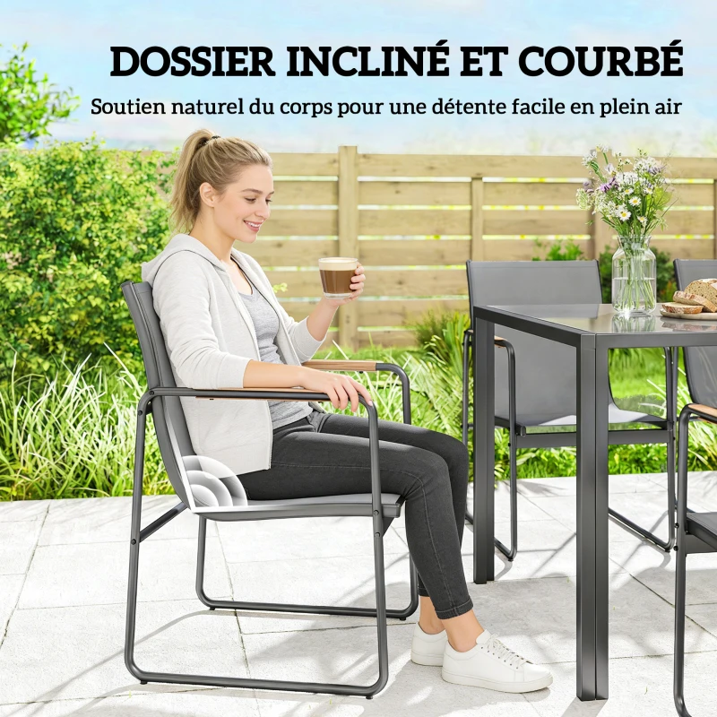 Outsunny Ensemble de Salle à Manger d'Extérieur 7 Pièces pour 6 Personnes, Table en Verre et Chaises en Maille avec Accoudoirs Décoratifs, Gris