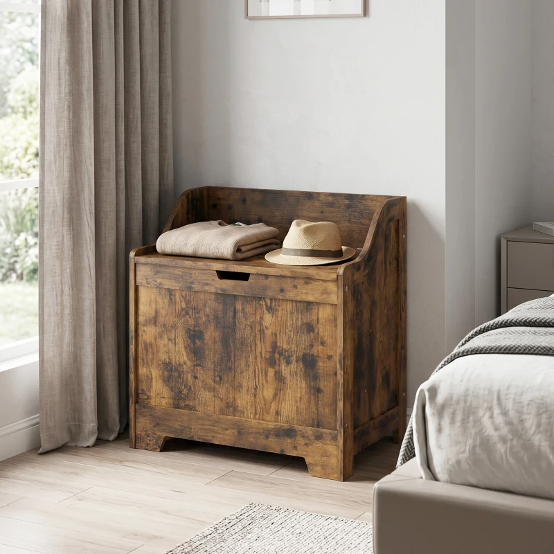 HOMCOM Coffre de rangement avec charnière de sécurité, coffre en bois avec encoche de poignée pour salon & couloir,  Brun rustique