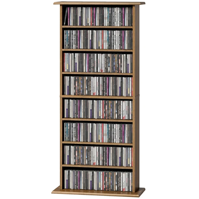 HOMCOM Almacenamiento para CD y DVD con 8 compartimentos y 6 estantes ajustables, capacidad máx. 360 CD/185 DVD y Blu-ray, nogal