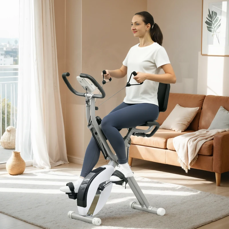 SPORTNOW Five-in-one Foldable Exercise Bike, Stationary Bike with Arm Workout Bands, LDC Monitor, Phone Holder, White