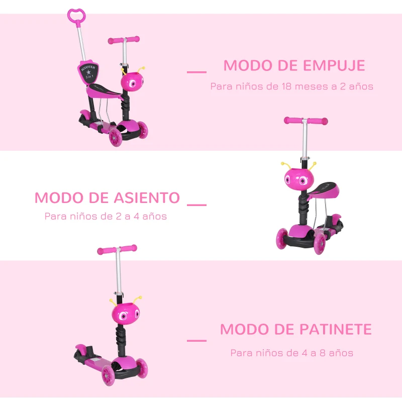 HOMCOM 3 en 1 Patinete para Niños de +18 Meses Scooter de 3 Ruedas con Asiento Extraíble Manillar Mango de Empuje Altura Ajustable 62x25x72,5 cm Rosa